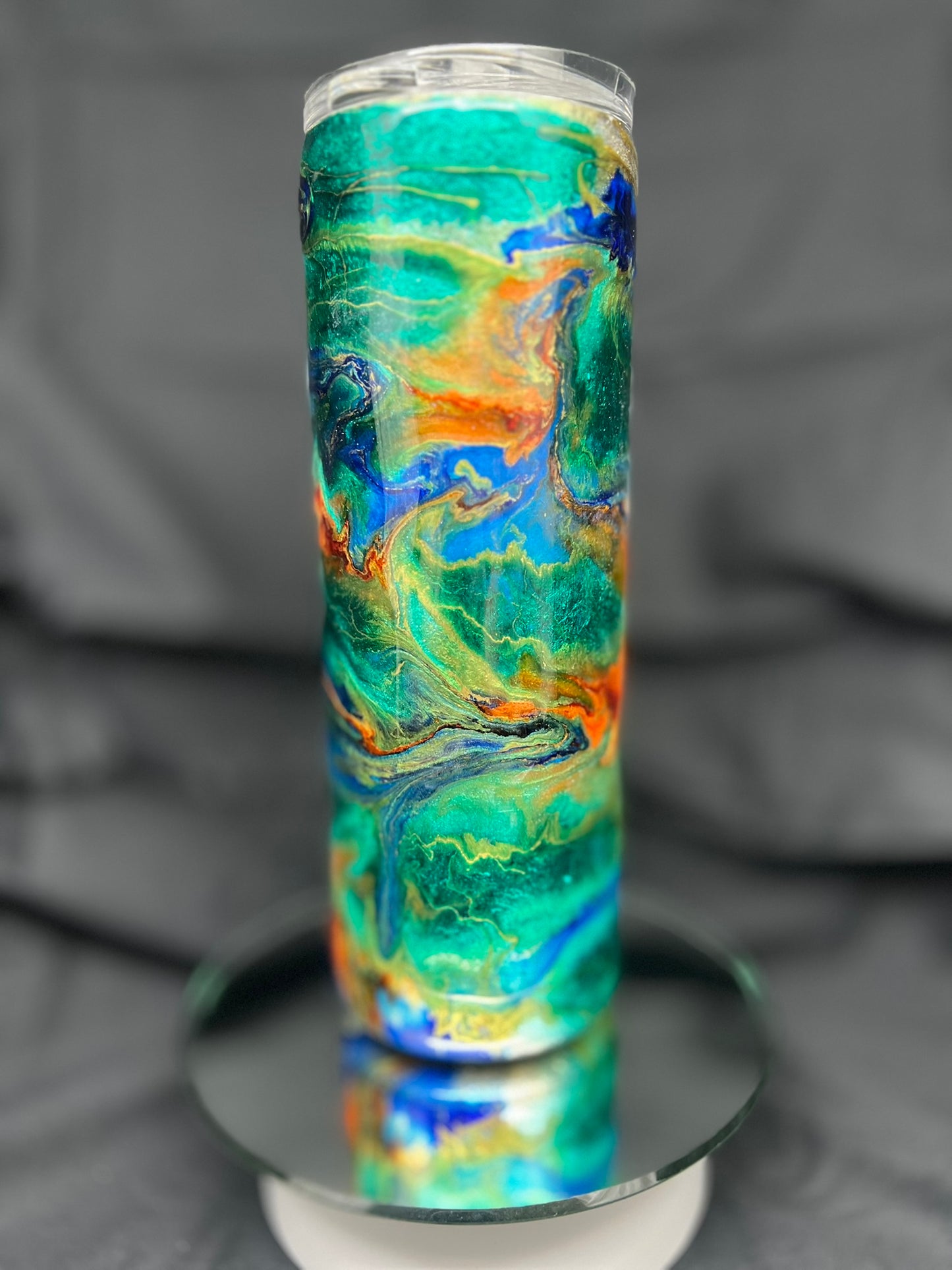 20oz Skinny No Handle Green Orange Blue Metallic Ink Swirl