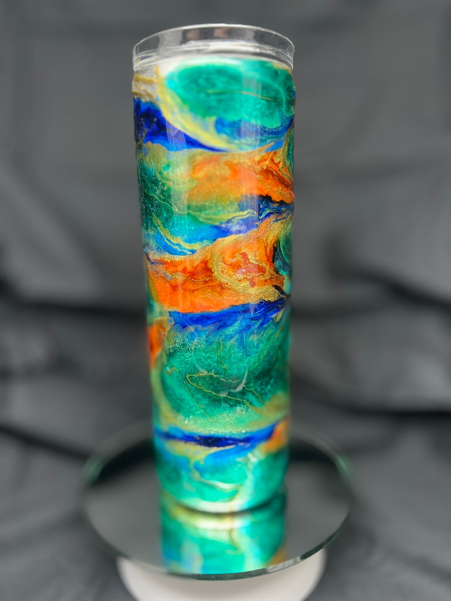 20oz Skinny No Handle Green Orange Blue Metallic Ink Swirl