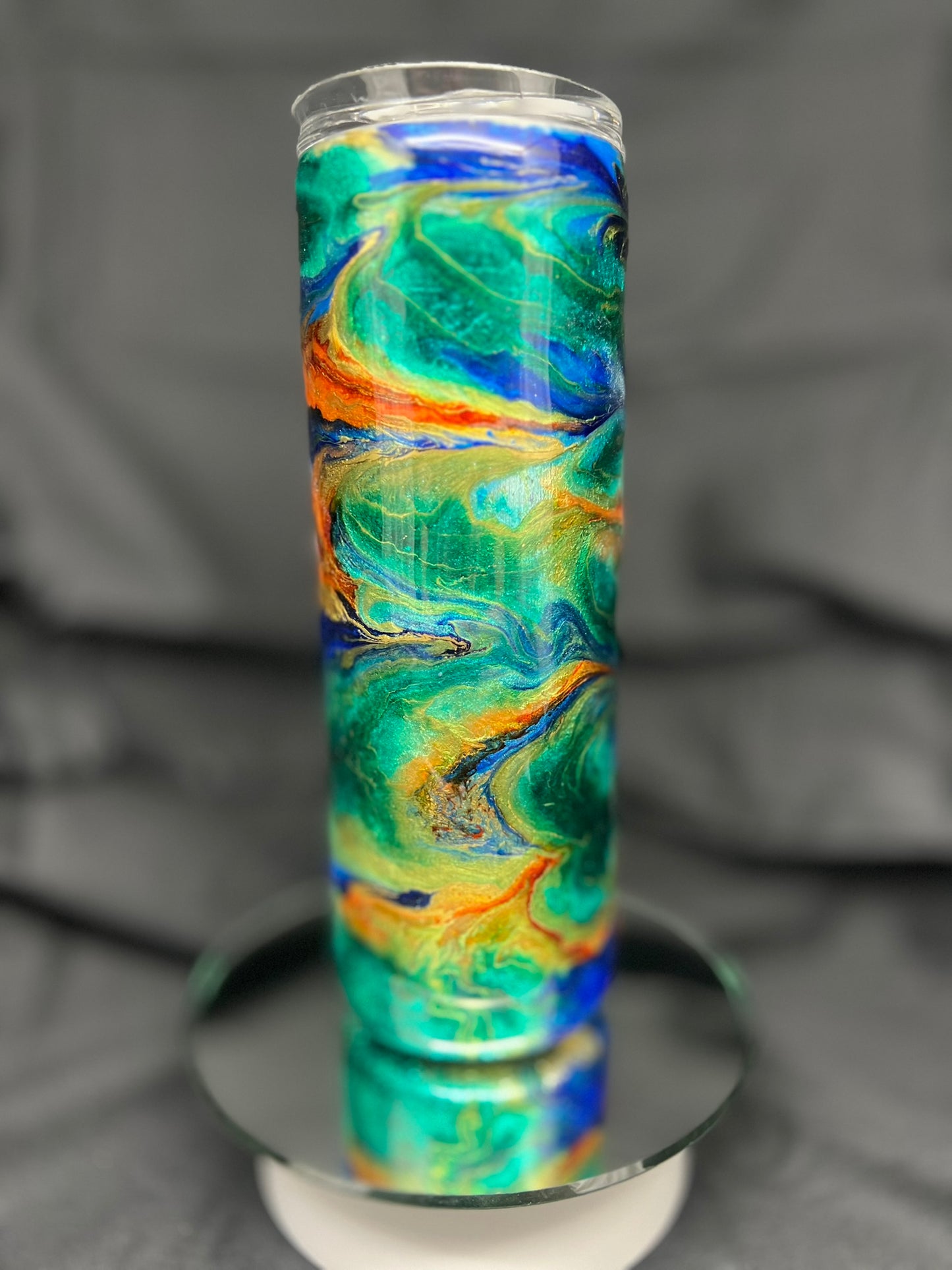 20oz Skinny No Handle Green Orange Blue Metallic Ink Swirl