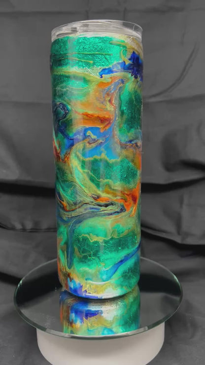 20oz Skinny No Handle Green Orange Blue Metallic Ink Swirl